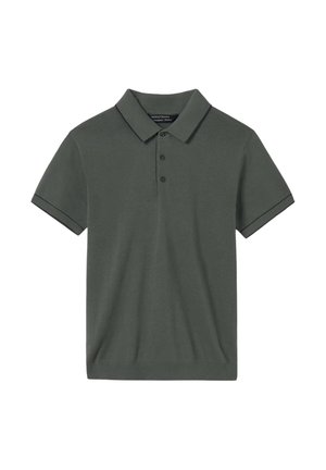 Polo shirt verde scuro realizzato in tessuto morbido, con colletto classico, patta con tre bottoni e rifiniture a contrasto sulle maniche.