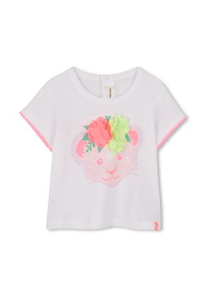 Chemise pour tout-petit à manches courtes blanche avec bordure rose, décorations florales 3D roses et vertes, et un motif discret de visage de tigre rose sur le devant.