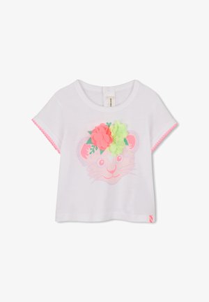Tricou alb cu mâneci scurte pentru copil, cu margini roz, decorațiuni 3D cu flori roz și verzi și un design subtil al feței unui tigru roz pe partea din față.