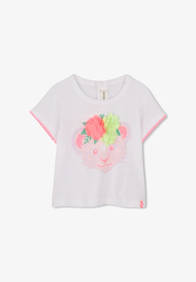 Λευκό μπλουζάκι για νήπια με κοντά μανίκια, ροζ περιθώριο, ροζ και πράσινες τρισδιάστατες διακοσμήσεις με λουλούδια και ένα διακριτικό ροζ σχέδιο προσώπου τίγρης στο μπροστινό μέρος.