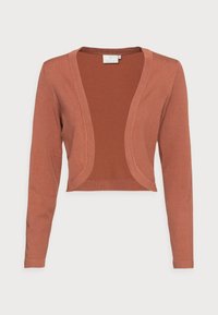 Cardigan accorciato in un caldo color ruggine, caratterizzato da una morbida texture a maglia, design aperto davanti e maniche lunghe con polsini a coste.