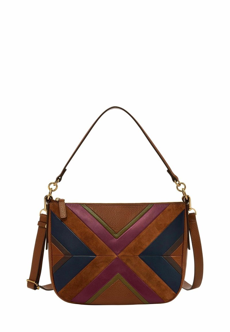 Sac à main en cuir marron avec motif chevrons violet, bleu marine et vert olive, doté d'une poignée supérieure et d'une bandoulière réglable.