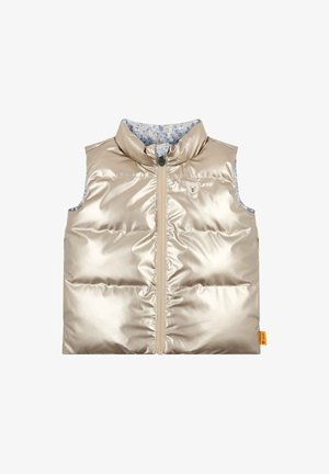 Metallisch goldene ärmellose Puffer-Weste mit hohem Kragen und vorderem Reißverschluss. Blumenmuster-Futter in Blau, mit einem kleinen Bären-Logo auf der Brust.