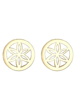 Een paar ronde gouden oorbellen met een uitsparing in de vorm van een zesbladige bloem binnen elk cirkelvormig kader.