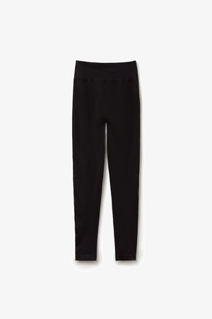 Schwarze High-Waist-Leggings mit breitem Bund, langen Beinpartien und schlanker Passform, flach auf weißem Hintergrund liegend gezeigt.