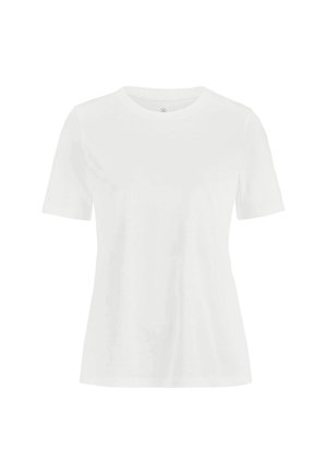 T-shirt bianca semplice a maniche corte con scollo rotondo e vestibilità comoda, mostrata su sfondo bianco.