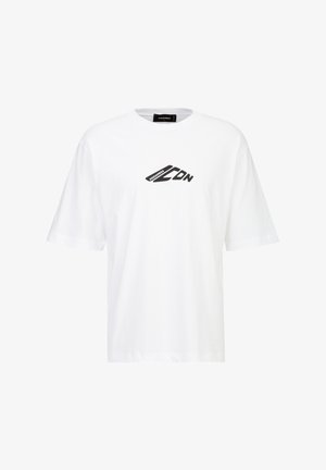 Wit katoenen T-shirt met een ronde hals, korte mouwen, met een zwart grafisch "ICON" logo op de voorkant. Eenvoudig ontwerp met een ontspannen pasvorm.