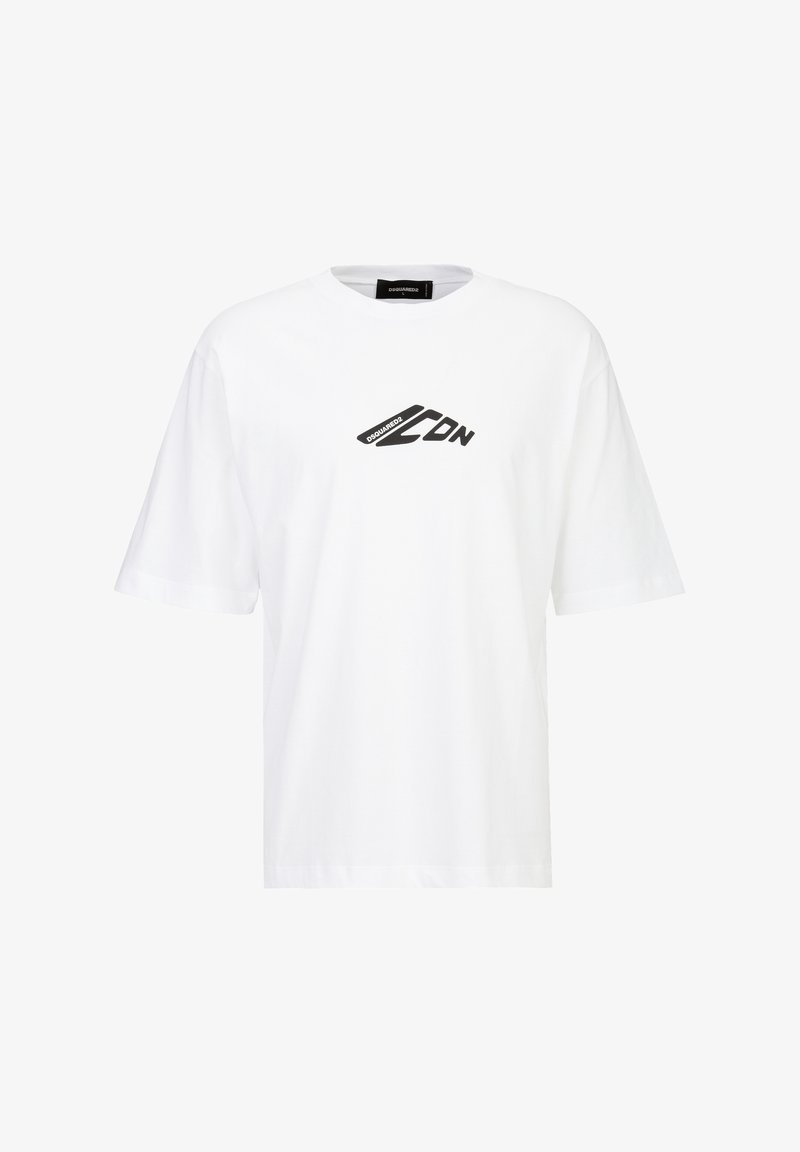 Weißes Baumwoll-T-Shirt mit rundem Ausschnitt, kurzen Ärmeln und einem schwarzen Grafiklogo "ICON" auf der Vorderseite. Einfaches, locker sitzendes Design.