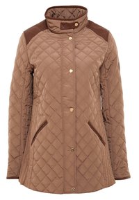 Prošívaná hnědá bunda se zlatými doplňky, vysokým límcem, hnědými rameními akcenty a bočními kapsami, vyrobená z hladkého syntetického materiálu.