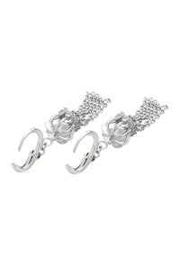 Sidabrinės auskarai su mezginio grandinės dizainu, puošniu dangteliu ir skaidriu brangakmeniu centre, atskleidžiančiu sudėtingas detales.