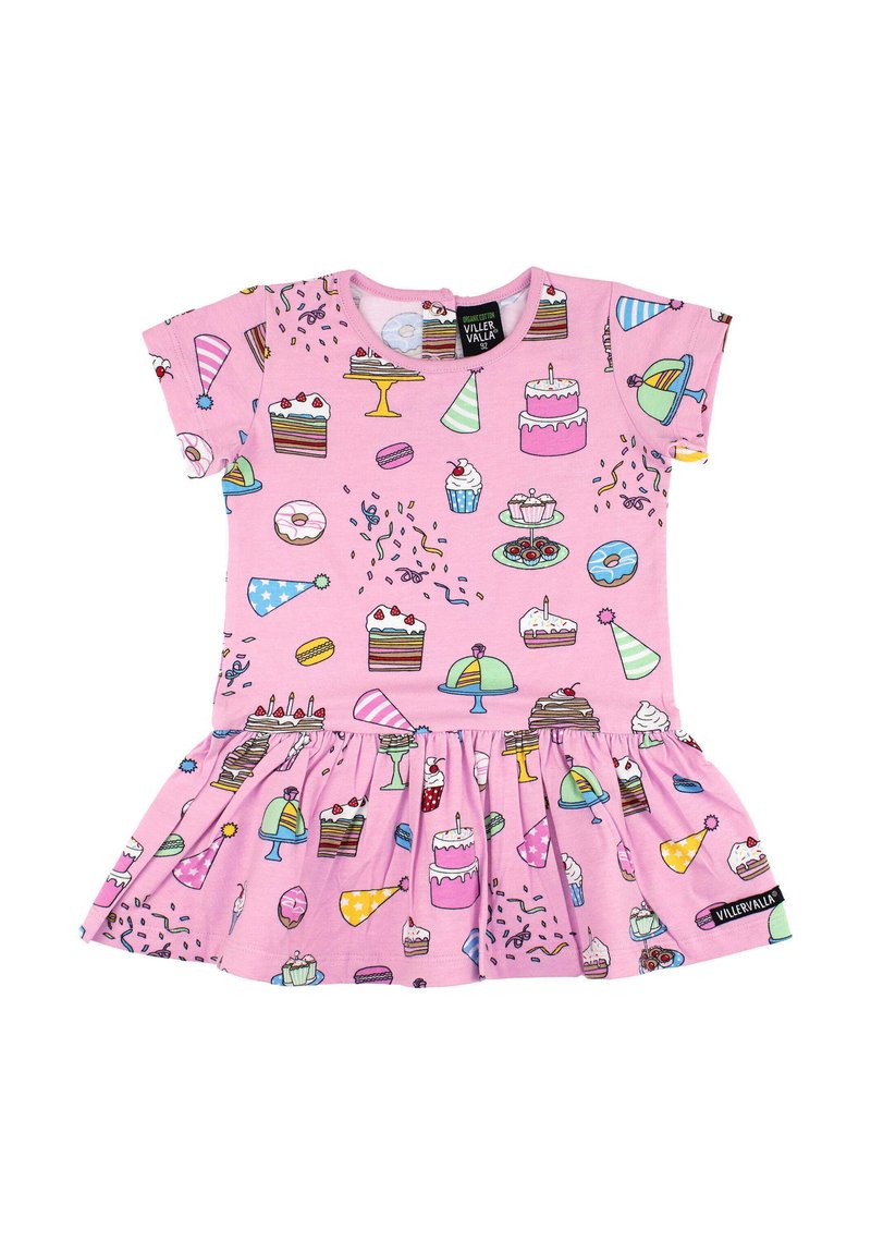 Rosa Kurzarmkleid mit einem verspielten Dessertmuster aus Kuchen, Eiscreme und Partykappen. Ausgestellter Rock mit gerafftem Taillendetail.