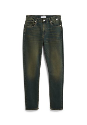 Schmale Jeans aus dunkelgrünem Denim mit einem verwaschenen Look. Fünf-Taschen-Design mit Knopfverschluss und gesticktem Saum.