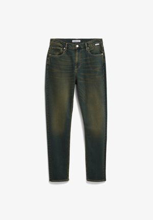Schmale Jeans aus dunkelgrünem Denim mit einem verwaschenen Look. Fünf-Taschen-Design mit Knopfverschluss und gesticktem Saum.