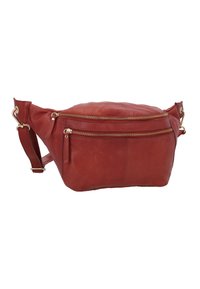 Marsupio in pelle rossa con una texture liscia, dotato di due scomparti con zip e una ampia tracolla regolabile con finiture in tono dorato.
