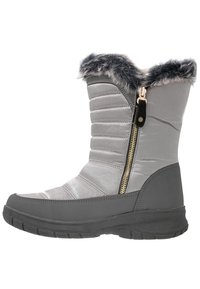 Botas aisladas grises con ribete de piel sintética, caña acolchada y detalle de cremallera dorada. Suela de goma, forma de punta redonda y diseño superior acolchado.