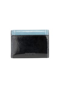 Bicolor leren portemonnee met een glanzende zwarte basis en een lichtblauwe bovenkant, voorzien van witte stiksels en een geëmbosseerd mer logo.