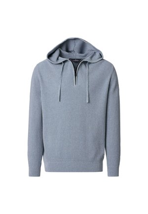 Hellblauer, gerippter Strick-Hoodie mit halbem Reißverschluss und Kordelzug, langen Ärmeln und einem lockeren Schnitt.