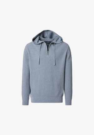 Hellblauer, gerippter Strick-Hoodie mit halbem Reißverschluss und Kordelzug, langen Ärmeln und einem lockeren Schnitt.