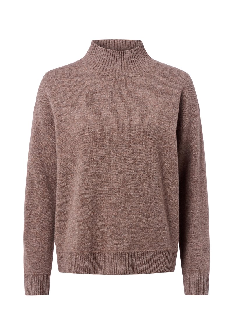 Brown knit sweater with a high ribbed neck, loose fit, dropped shoulders, and ribbed cuffs and hem, featuring a soft, textured fabric.