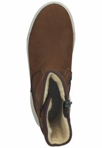 Hnědé kožené kotníkové boty s měkkou vnitřní podšívkou, bočním zipem a bílou gumovou podrážkou. Obsahují minimální prošívání a elegantní design.