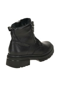 Schwarze Leder-Stiefelette mit seitlichem Reißverschluss, Gummisohle und strukturiertem Innenfutter. Verfügt über einen gepolsterten Schaft und ein geprägtes Logo an der Seite.