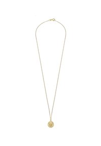 Goldfarbener Halsketten mit feinem Kettenmuster und einem runden Anhänger mit detailiertem Relief-Design. Der Anhänger hat eine glatte, polierte Oberfläche.