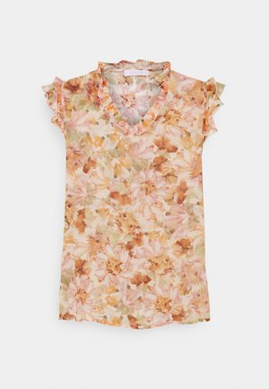 Blouse met korte mouwen, geplooide V-hals en een bloemenpatroon in tinten van perzik, roze en groen. De stof oogt licht en luchtig.