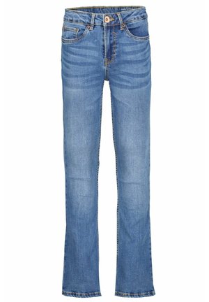 Jean en denim bleu avec une fermeture à bouton et fermeture éclair, un design à cinq poches et une légère décoloration sur les cuisses et les genoux.