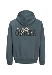Kapuzensweatshirt in dunklem Teal, mit auffälligem schwarzen Text "OSAKA" und floralen Akzenten auf der Rückseite, mit gerippten Bündchen und Saum.