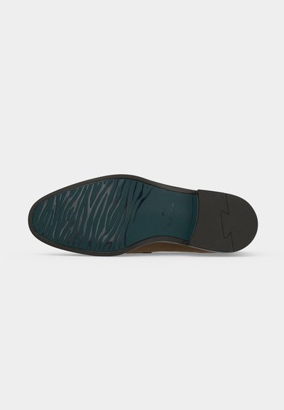 Semelle d'une chaussure habillée pour homme avec talon noir, motif texturé bleu sarcelle à l'avant et branding "PS Paul Smith" en taille 7.
