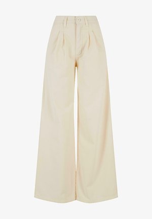 Beige weite Beinkleider mit hoher Taille, ausgestattet mit einem Knopfverschluss und Fältchen-Details. Glattes Gewebe mit weicher Textur.