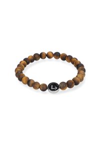 Bransoletka z koralików z brązowych kamieni tygrysiego oka o gładkim wykończeniu z akcentem w postaci czarnego metalowego logo. Elastyczny design dla łatwego zakupu.