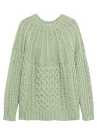 Vaaleanvihreä neulottu villapaita, jossa on resorikuvio, alapuolella poimutettu palmikkoneulekuvio, pitkät hihat ja pyöreä pääntie.