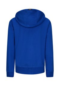 Felpa blu in cotone con un design morbido, dotata di cappuccio e maniche lunghe. Texture liscia e polsini elastici alle maniche e all'orlo inferiore.