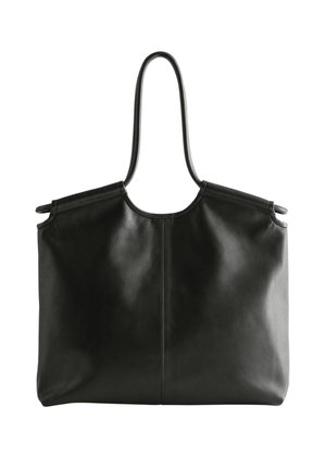 Czarna skórzana torba typu tote z długimi uchwytami i gładkim, lekko usztywnionym, prostokątnym korpusem.