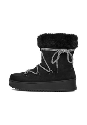 Black winter boot with thick rubber sole, black faux fur cuff, and white patterned laces wrapped around the ankle and tied in a bow.