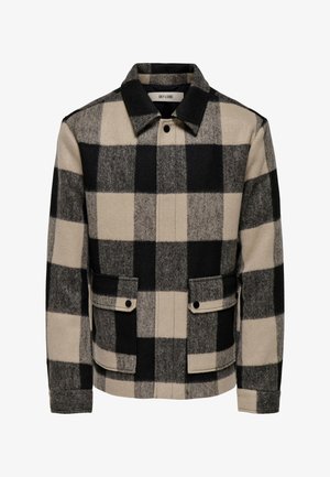 Checkered jacket in black, grey, and beige. Made of wool blend, featuring a collar, two front pockets, and snap button closures.