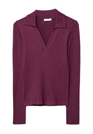 Langärmliges geripptes Stricktop in Dunkelviolett mit Kragen und V-Ausschnitt, mit schlanker Passform und geradem Saum.