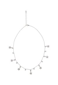 Colier cu lanț argintiu, prevăzut cu talismane în formă de stea și rotunde, decorate cu cristale transparente de dimensiuni variate, având un închizător reglabil.