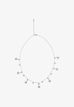 Ezüst lánc nyaklánc csillag- és kör alakú medálokkal, átlátszó kristályokkal díszítve, különböző méretekben, állítható kapoccsal.