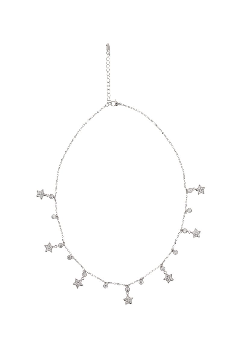 Colier cu lanț argintiu, prevăzut cu talismane în formă de stea și rotunde, decorate cu cristale transparente de dimensiuni variate, având un închizător reglabil.