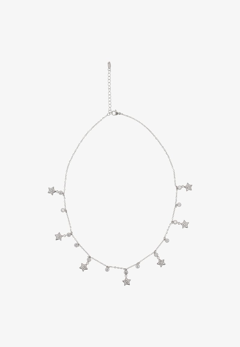 Colier cu lanț argintiu, prevăzut cu talismane în formă de stea și rotunde, decorate cu cristale transparente de dimensiuni variate, având un închizător reglabil.