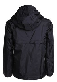 Black waterproof jacket with a hood, lightweight material, elastic cuffs, and a vented back panel. Simple, practical design with no visible accents.