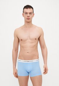 Lysblå bomuldsboxershorts med en hvid elastisk talje, der har "TOMMY HILFIGER" logoet i sort og rød. Enkel design, ingen mønstre.