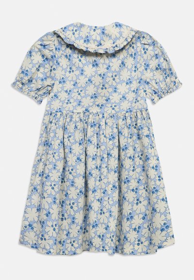 Γαλάζιο και λευκό φόρεμα κοντομάνικο με λουλούδια, γιακά Peter Pan και φούστα με πιέτες, σχεδιασμένο για μικρά παιδιά.