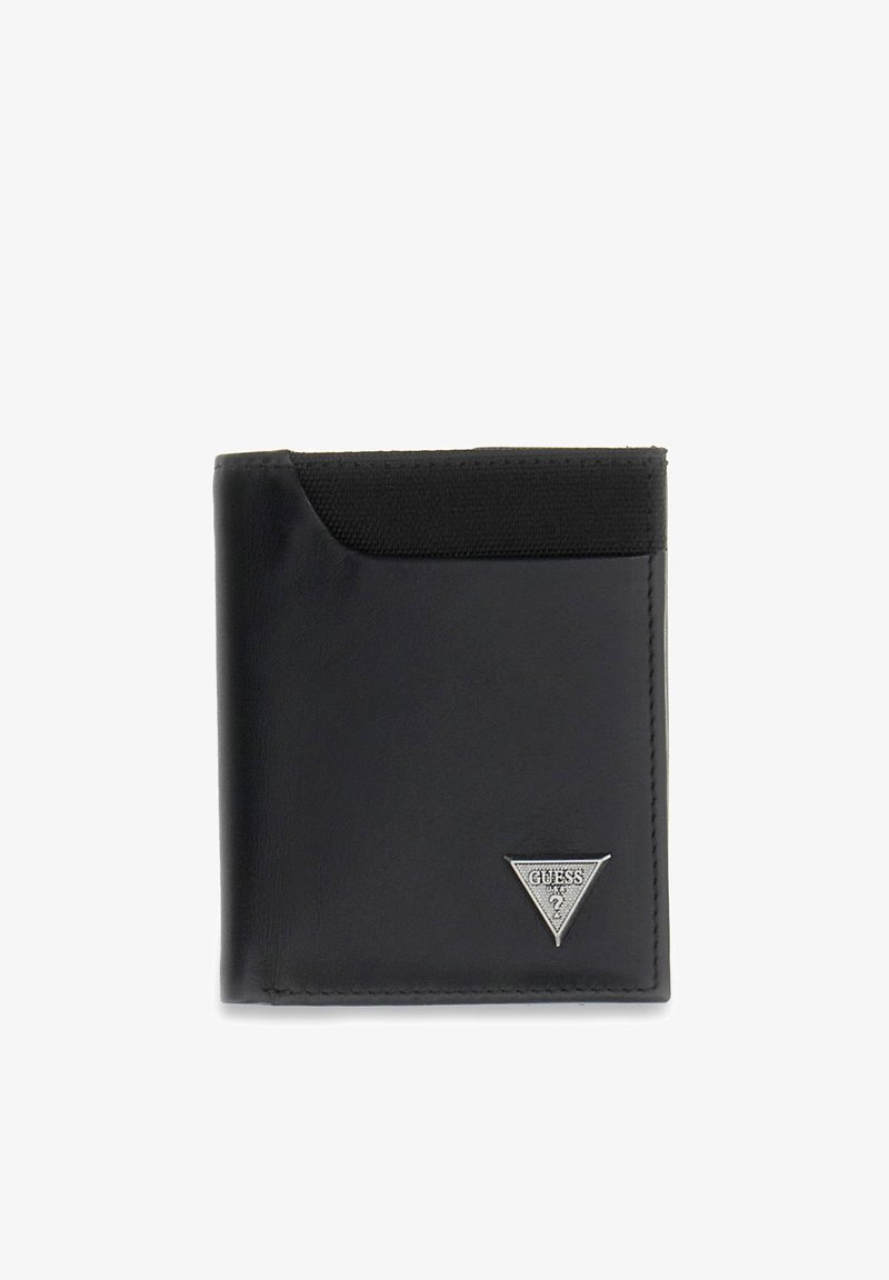 Portefeuille noir en cuir à deux volets avec un bord en tissu et un petit logo triangulaire Guess dans le coin inférieur droit.