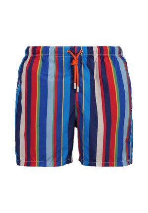 Costume da bagno da uomo con righe verticali in blu, rosso, bianco, verde e giallo, con coulisse arancione in vita elasticizzata.