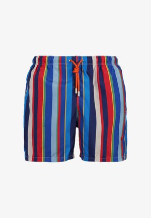 Costume da bagno da uomo con righe verticali in blu, rosso, bianco, verde e giallo, con coulisse arancione in vita elasticizzata.