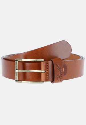 Cinturón de cuero marrón con textura suave, presenta una hebilla rectangular de latón y un pasador cosido con detalle de marca en relieve.