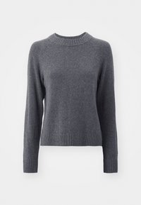 Szary sweter dzianinowy z okrągłym dekoltem, długimi rękawami raglanowymi oraz ściągaczami przy mankietach i u dołu. Miękka tekstura i klasyczny fason.